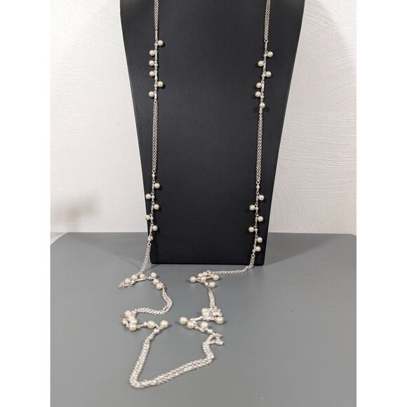 Retro Silver Tone Double Chain Faux Pearl Very Long necklace 64" - Picture 7 of 7